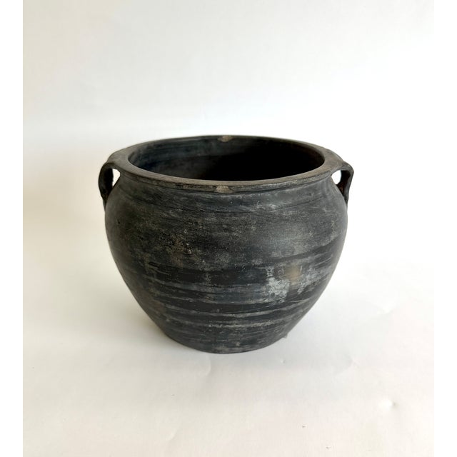 Chinoiserie Rustic Black Gray Pottery Vase For Sale - Image 3 of 8