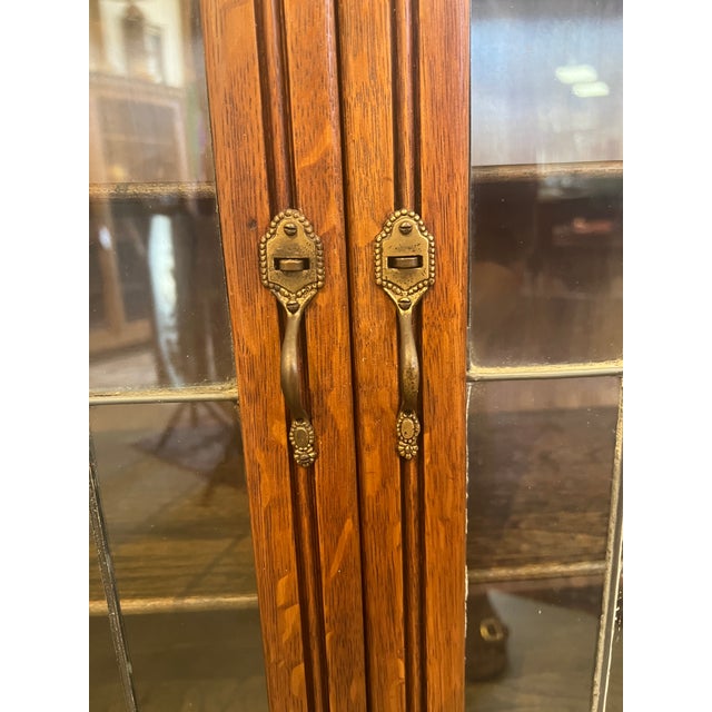 Wood 1910 Arts & Crafts Mission Style Double-Door Leaded Glass Bookcase For Sale - Image 7 of 9