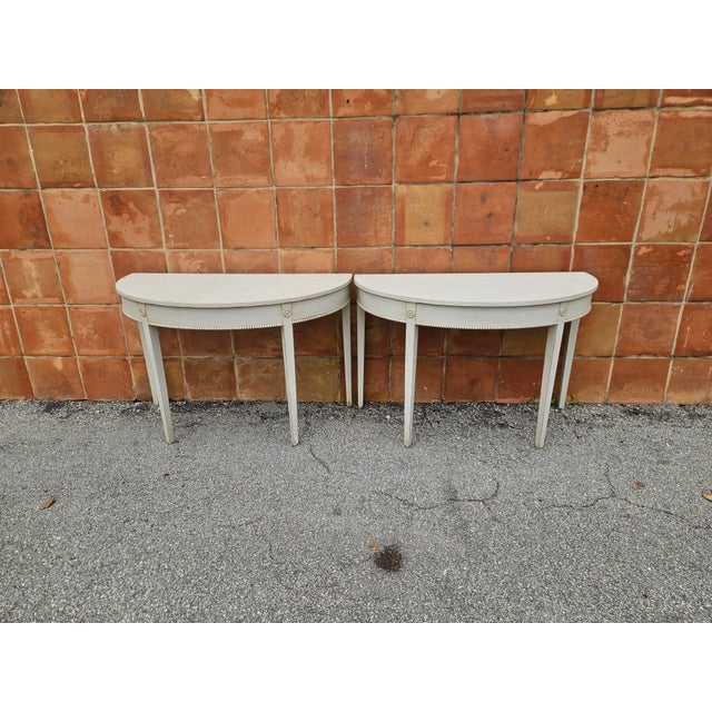 Antique White Swedish Gustavian 4 Leg Demi Lunes For Sale - Image 8 of 9