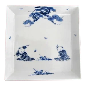 Samurai Mikawachi Karako Hirado Blue and White Porcelain Square Dish Platter With Children Playing