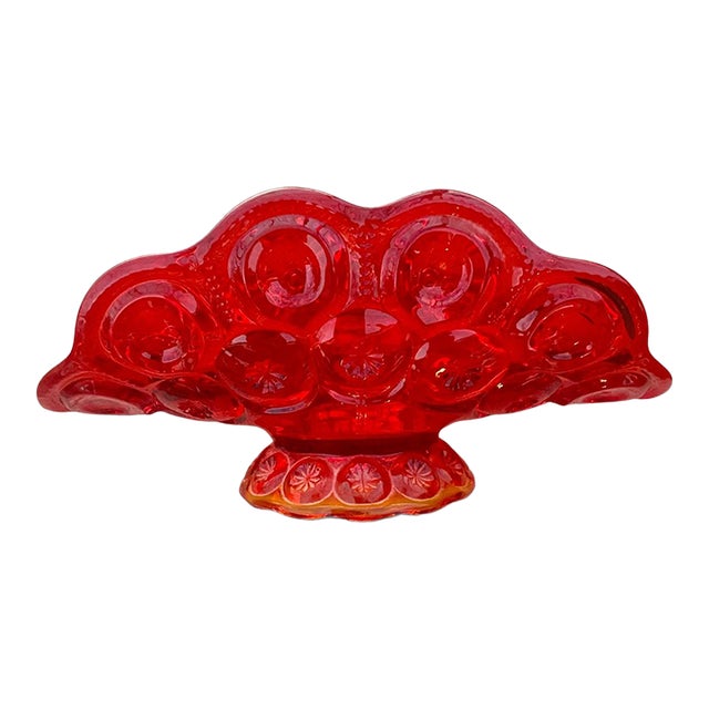 Vintage Ruby Red Art Glass Pedestal Bowl, With Coin & Rosette Motif For Sale