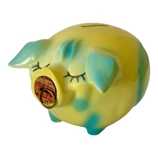 Vintage Hull Corky Piggy Bank W Yellow and Blue Highlights, Cork, 1957 For Sale