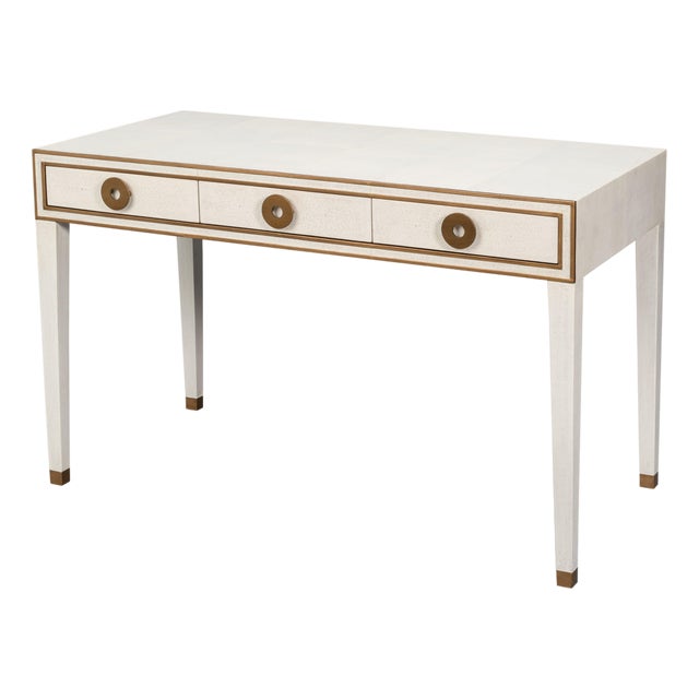 Art Deco Shagreen Writing Desk in White with Brass Ring Pulls For Sale