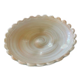 Mid 20th Century Murano Style Cream and Gold Scalloped Hand Blown Large Centerpiece Bowl For Sale