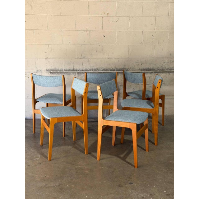 Wood Dining Chairs Set of 6 in Blue Fabric Newly Reupholstered Mid-Century Modern For Sale - Image 11 of 11