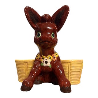 Vintage Mid-Century Ceramic Donkey Double Planter With Basket Planters For Sale