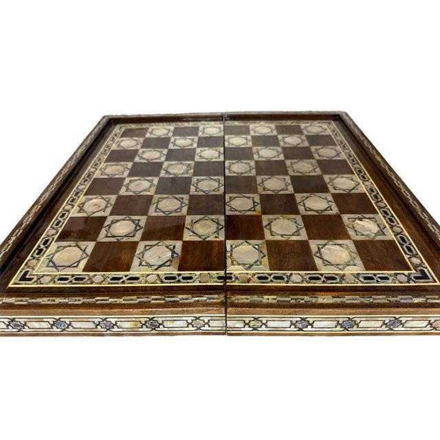 Wood Handmade Mother of Pearl Backgammon & Chess Board 21” Wooden Game Set For Sale - Image 7 of 11