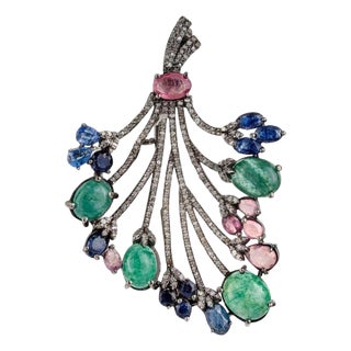 Opulent Floral Bouquet Brooch Pendant With Emerald, Sapphire & Tourmaline For Sale