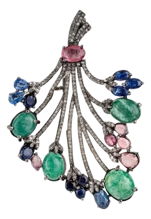 Opulent Floral Bouquet Brooch Pendant With Emerald, Sapphire & Tourmaline