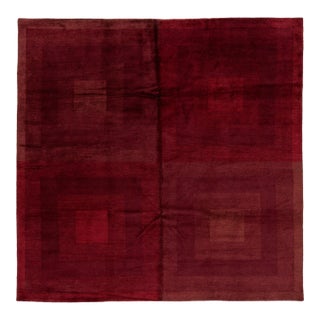 Modern Geometric Hand-Knotted Tibetan Wool & Silk Rug in Ruby Red and Burgundy For Sale