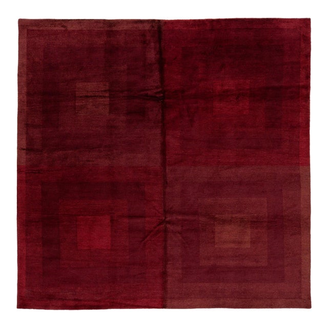 Modern Geometric Hand-Knotted Tibetan Wool & Silk Rug in Ruby Red and Burgundy For Sale