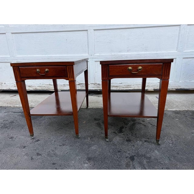 Mersman Furniture Vintage Federal Style Mahogany 2 Tier Side Tables on casters Dovetail joint construction, tapered legs,...