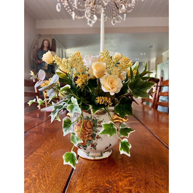 French Faux Floral of Yellow Rose & Ivy in Antique Limoges Cachepot For Sale - Image 3 of 5