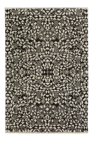 1990s Modern Kafkaz Black/Ivory Wool & Viscose Rug - 4' X 5'11"
