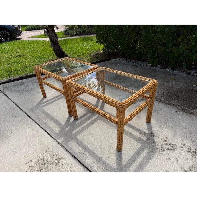 Vintage Woven Rattan End Tables With Glass Tops, Pair For Sale - Image 9 of 12