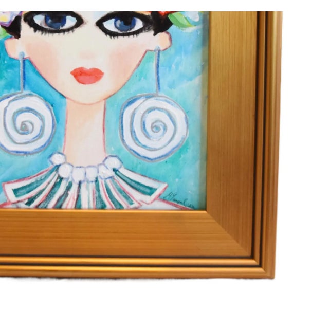 Woman With Flower Headdress Portrait Oil Painting Including the Antiqued Gold Wood Frame For Sale In Los Angeles - Image 6 of 8