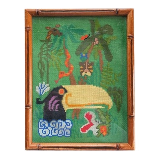 Framed Needlepoint of Jungle and Tucan Bird in Faux Bamboo Frame in Green For Sale