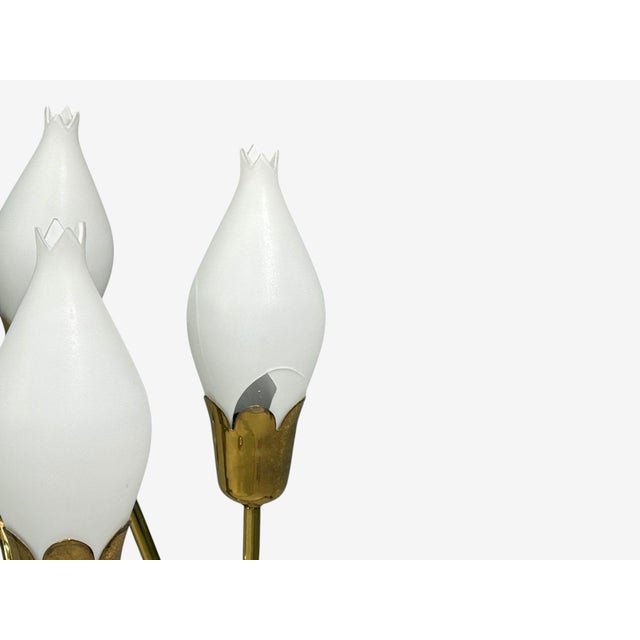 Brass Fog & Mørup, Tulip Chandelier, Opal Glass, Brass, Teak, Denmark, 1960s For Sale - Image 8 of 10