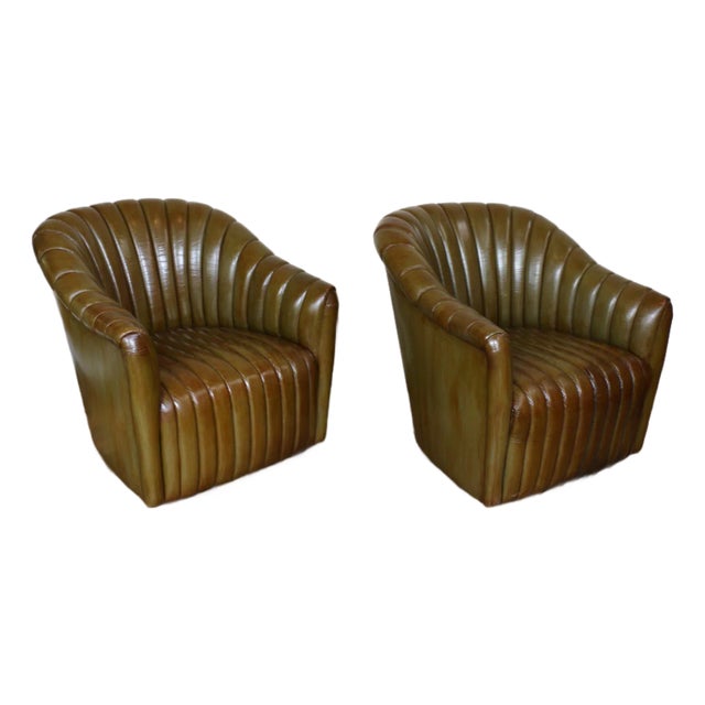 Vintage Pair of Leather Channel-Tufted Club Chairs by Martin/Brattrud, 1987 For Sale