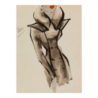 Vintage French Fashion Art Print – Brown Coat Illustration With Red Lips, 12" X 16" For Sale