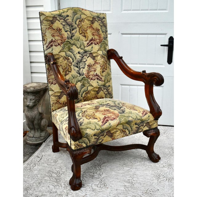 Traditional 1950s Renaissance Revival Armchair High Back Carved Floral Tapestry For Sale - Image 3 of 13