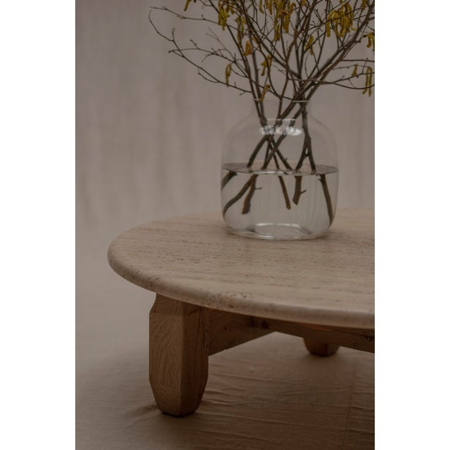 Brutalist Round Coffee Table in Travertine and Oak, 1960s For Sale - Image 6 of 11