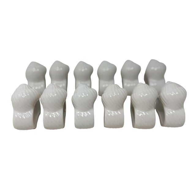 Hollywood Regency Vintage White Ceramic Seashell Napkin Rings - Coastal Table Decor - Set of 12 For Sale - Image 3 of 10