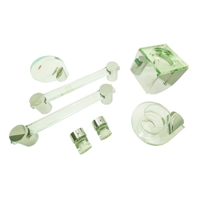 Celada Serie Bathroom Set in Chrome-Plated Brass and Cut Glass by Gianni Celada for Fontana Arte, 1967, Set of 7 For Sale