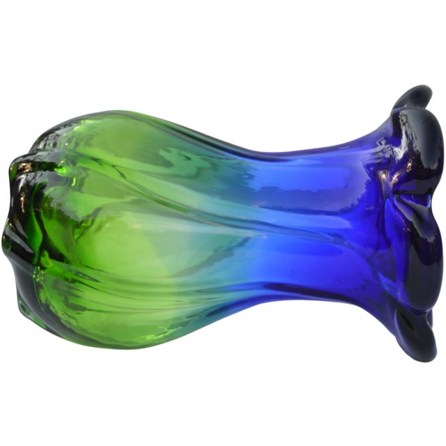 Blue Mid-Century Handmade Blue & Green Glass Vase For Sale - Image 8 of 11