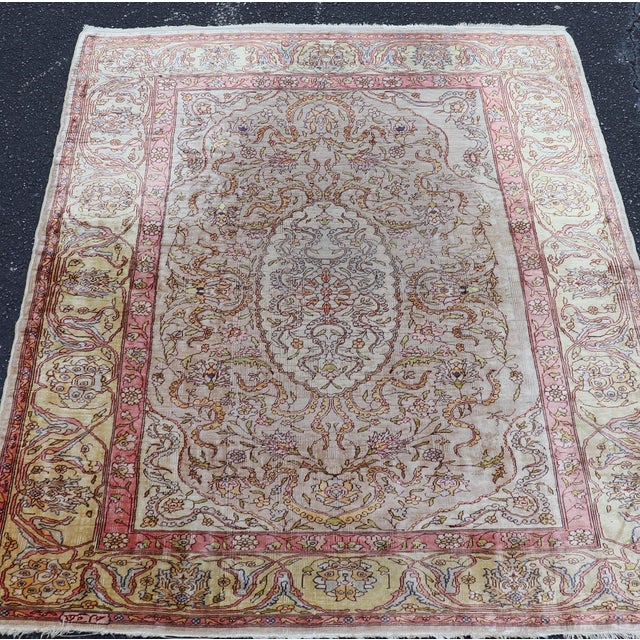 Antique Turkish Silk Hereke Rug With Floral Medallion Design and Ivory Field For Sale In Atlanta - Image 6 of 14