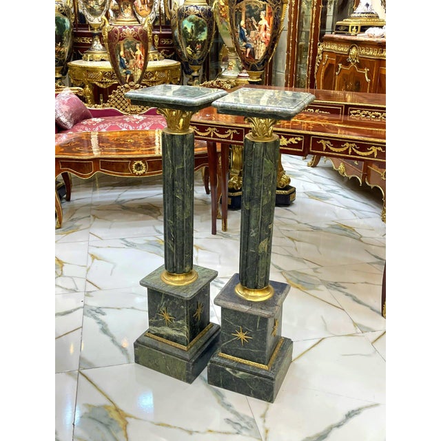Rococo Rococo Style Dark Pedestal Column Set – Marble Top Gold Leaf Pedestals For Sale - Image 3 of 4