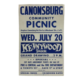 Vintage "Kennywood Park" Canonsburg Community Picnic Sign For Sale