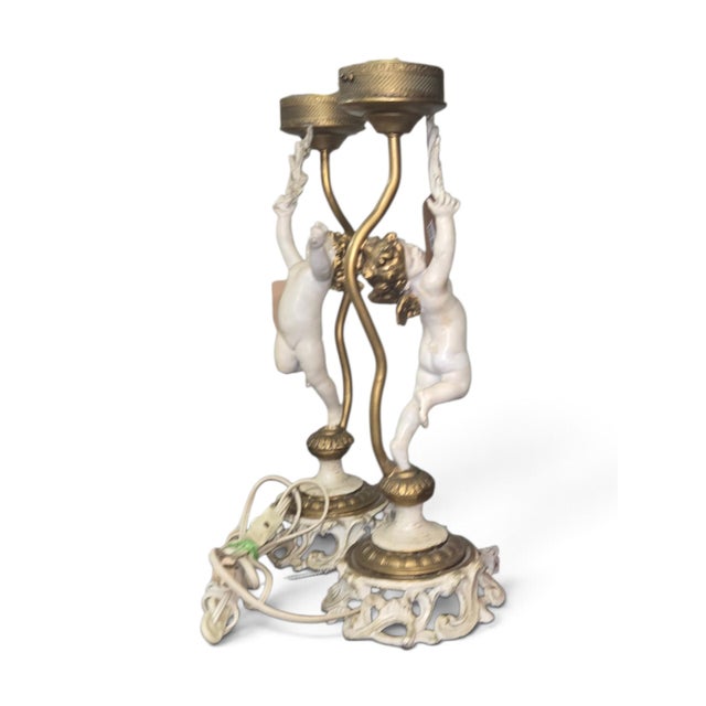 Early 20th-Century Cast Metal and Hand-Painted Cherub Lamps - Pair For Sale - Image 4 of 4