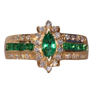 The Bellingham: Emerald Navette and Natural Diamond Ring in Yellow Gold For Sale
