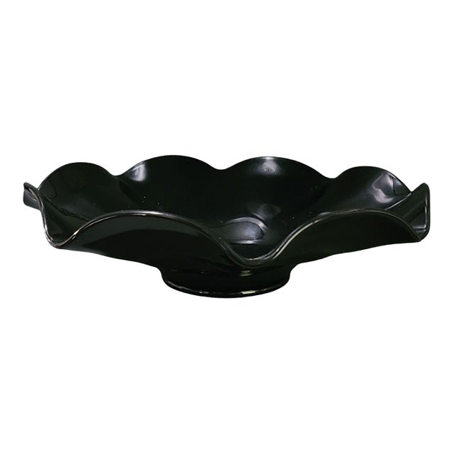 Vintage Art Deco Retro Black Art Glass Scalloped Edge Center Piece Bowl Platter For Sale