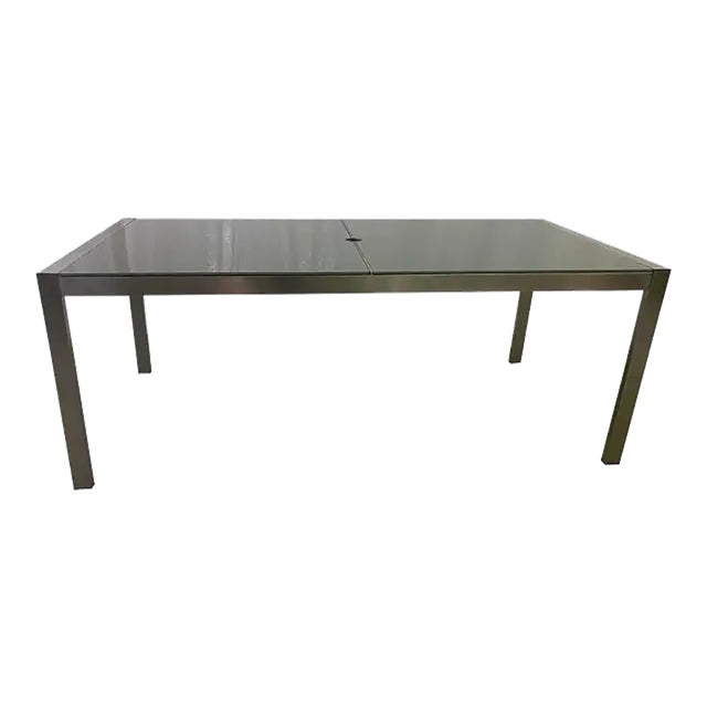 Attributed to Brueton Stainless Steel Dining Table with Gray Frosted Glass Top For Sale