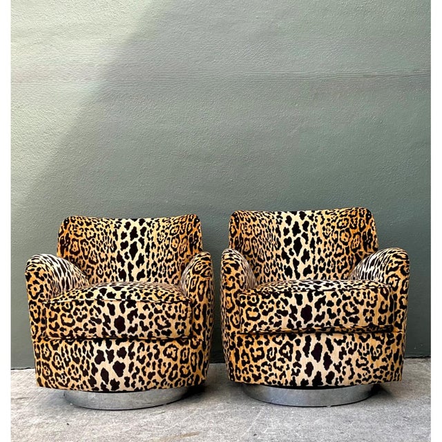 Vintage Leopard Print Velvet Swivel Chairs - A Pair For Sale - Image 10 of 12