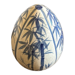 Large Vintage Blue & White Ceramic Chinoiserie Egg Figurine - Decorative Accent
