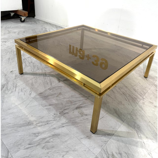 Glass Mid-Century Modern Square Brass & Smoked Glass Coffee Table, 1970s For Sale - Image 7 of 9