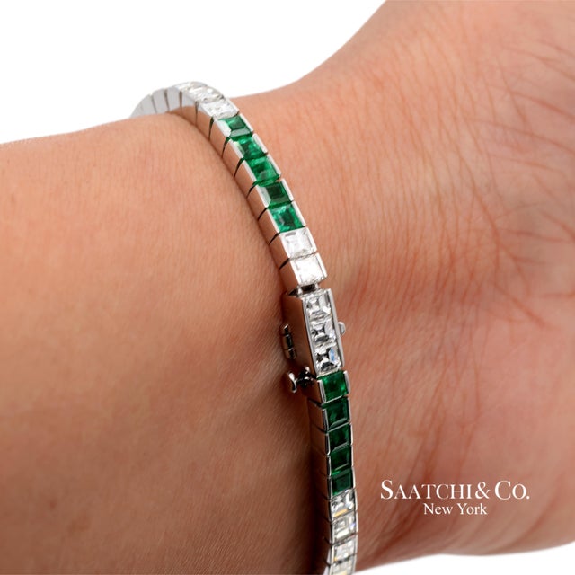 Platinum 950 Custom Made Natural Diamond and Emerald Bezel Tennis Bracelet For Sale - Image 10 of 12