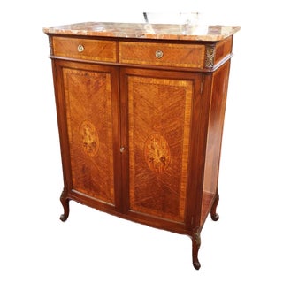 French Louis XV Style Walnut Inlaid Marble Top Dresser High Chest Circa 1920's For Sale