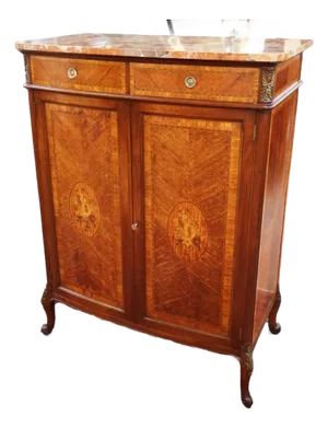 French Louis XV Style Walnut Inlaid Marble Top Dresser High Chest Circa 1920's