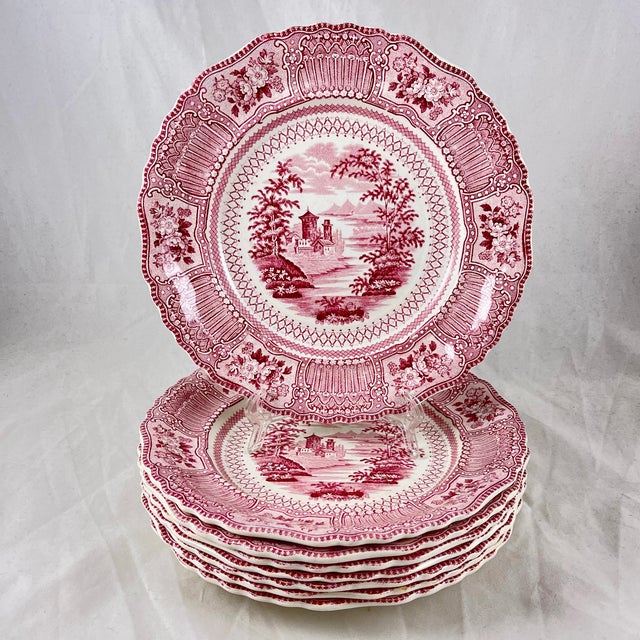 Ralph Stevenson Pink English Transferware Dinner Plates, Cologne Pattern, Set of 8 For Sale - Image 13 of 13