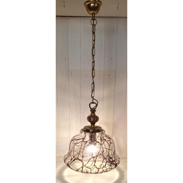 Metal Vintage Ceiling Lamp with Purple-Brown Marbled Clear Glass Shade with on Brass Mount For Sale - Image 7 of 7