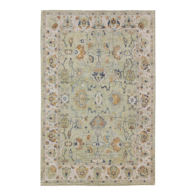 Long Oushak Rug in Light Green by Keivan Woven Arts 10'9 X 16' For Sale