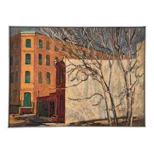 Vintage Post-Impressionist “Kensington-Fishtown Buildings” by Anthony Ferrara, Signed (1979, Oil on Canvas)/Cityscape