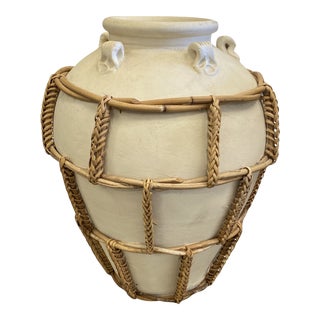1970s Mexican Oversized Rattan Wrapped Pottery For Sale