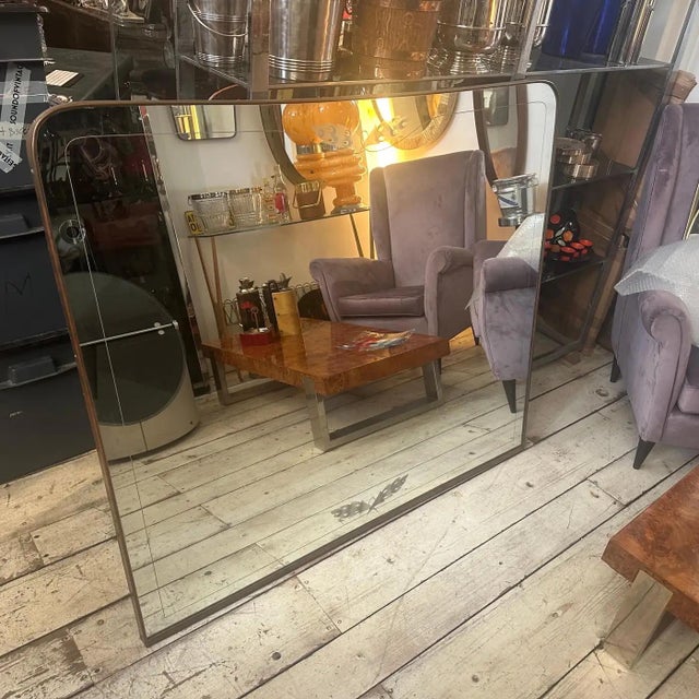 1950s Gio Ponti Style Mid-Century Modern Brass and Etched Glass Big Wall Mirror For Sale - Image 6 of 14