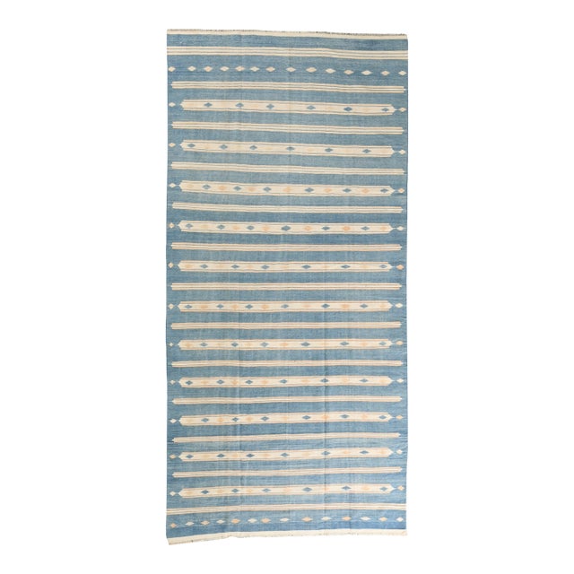 1950s Vintage Dhurrie Flat Weave in Blue and Off-White Stripes by Rug & Kilim For Sale