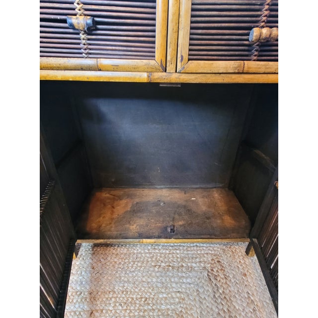 Wood Pair of Vintage Burnt Tortoise Bamboo & Split Reed Cabinets - Late 20th Century Palm Beach Style For Sale - Image 7 of 12